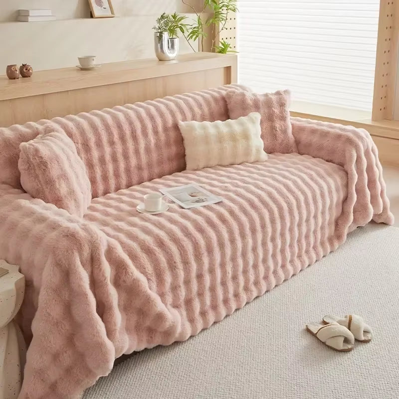 Luxury Super Soft Imitation Rabbit Plush Sofa Towel Winter Warm Thick Fluffy Couch Cover Universal All-Inclusive Sofa Slipcover