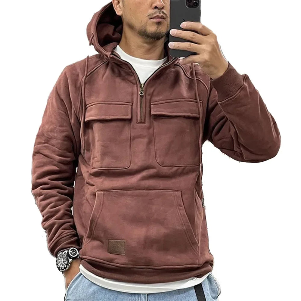 Half Zipper Men's Tactical Hoodies Solid Warm Fleece Military Sweatshirts Multi Pockets Male Hooded Jackets Thick Outdoor Polar