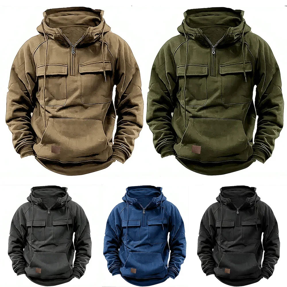 Half Zipper Men's Tactical Hoodies Solid Warm Fleece Military Sweatshirts Multi Pockets Male Hooded Jackets Thick Outdoor Polar