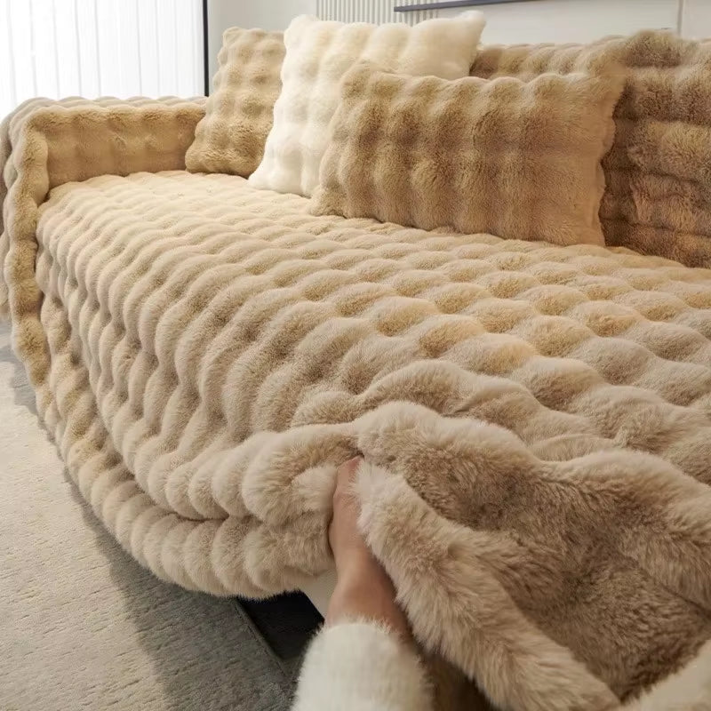 Luxury Super Soft Imitation Rabbit Plush Sofa Towel Winter Warm Thick Fluffy Couch Cover Universal All-Inclusive Sofa Slipcover